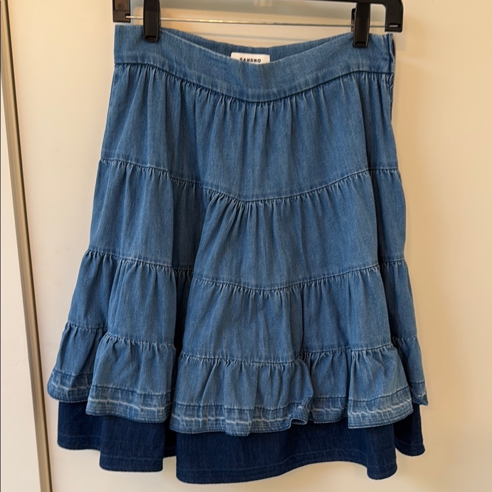Sandro Blue Bubble Tiered Skirt Knee-Length